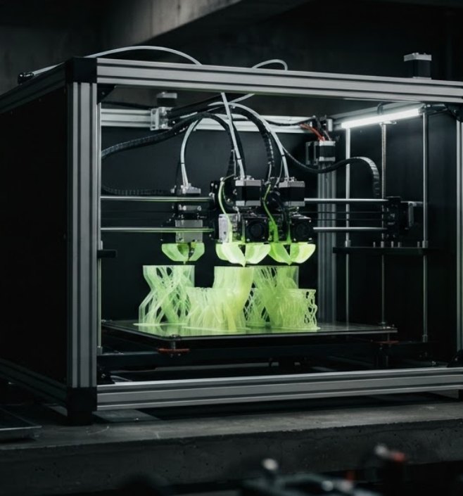 Impressora 3D a imprimir peças em filamento verde